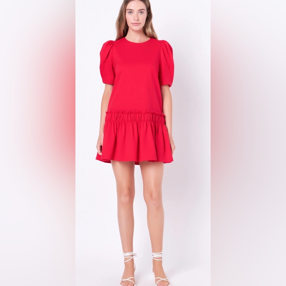 English Factory Red Knit Puff Sleeve Ruffled Peplum Round Neckline Mini Dress L
